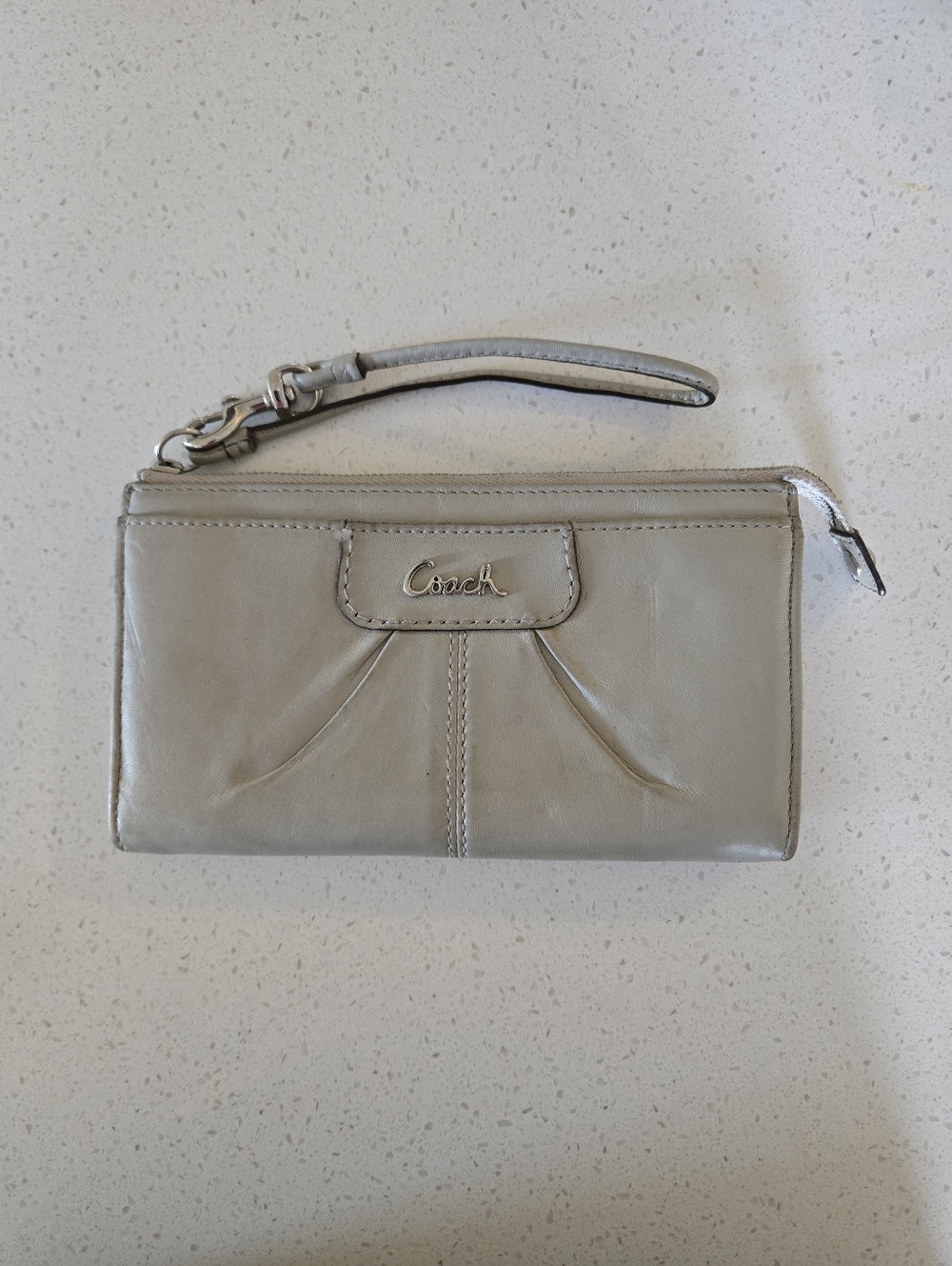 Coach Light Gray Leather Wristlet Clutch with Logo Plate
